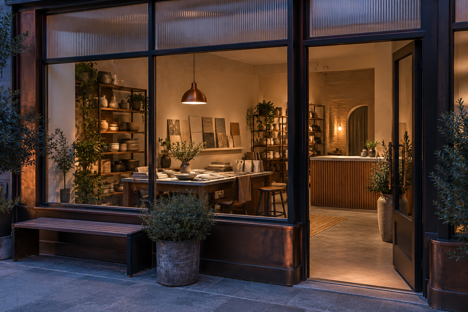Illustrative scene of new small-business premises: a ready-to-use counter, a recently completed unlettered shopfront, a material sample table