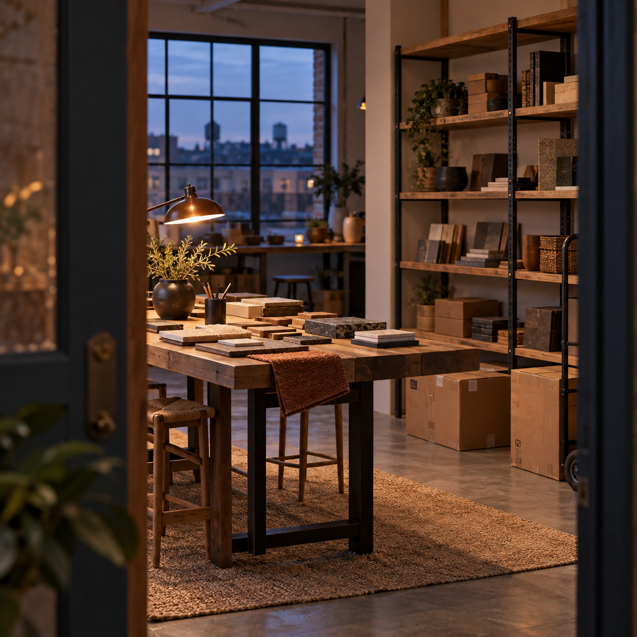 Illustrative scene of new small-business premises: a material sample table, boxed equipment, freshly fitted shelving